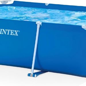 Intex 9.8' x 79" x 29.5" Rectangular Frame Above Ground Outdoor Backyard Swimming Pool with Flow Control Valve for Quick Draining, Blue
