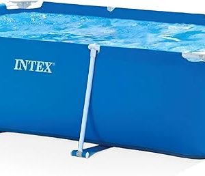 Intex 9.8' x 79" x 29.5" Piscina rectangular con marco elevado para patio trasero al aire libre con válvula de control de flujo para drenaje rápido, azul