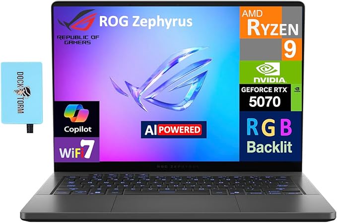 ASUS ROG Zephyrus G14 AI Laptop para juegos de 14.0" con pantalla de 120Hz (AMD Ryzen 9 270, GeForce RTX 5070 8GB, 32GB LPDDR5X, SSD PCIe de 1TB, teclado RGB, WiFi 7, cámara web, Win 11 Pro) con