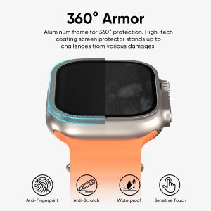 FLOLAB NanoArmour - Protector de pantalla para Apple Watch Ultra 3 / Ultra 2 con antirreflejante para vidrio templado iWatch Ultra 1 de 1.929 in, fácil de instalar, marco de aluminio, titanio original