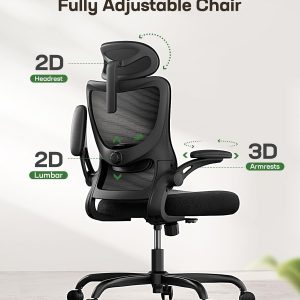 Marsail Ergonomic Office Chair: Office Desk Chair with High Back Mesh and Adjustable Lumbar Support Rolling Work Swivel Task Chairs with Wheel 3D Armrests and Headrest