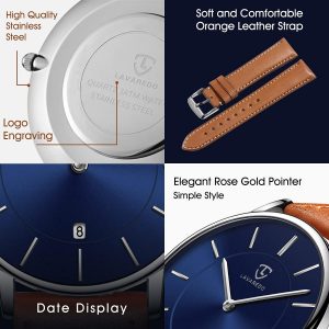 L LAVAREDO Watch for Men, Extremely Thin Mens Watches Minimalist Analog Men's Leather Wrist Watches with Time/Date, Birthday Gift for Men Boyfriend