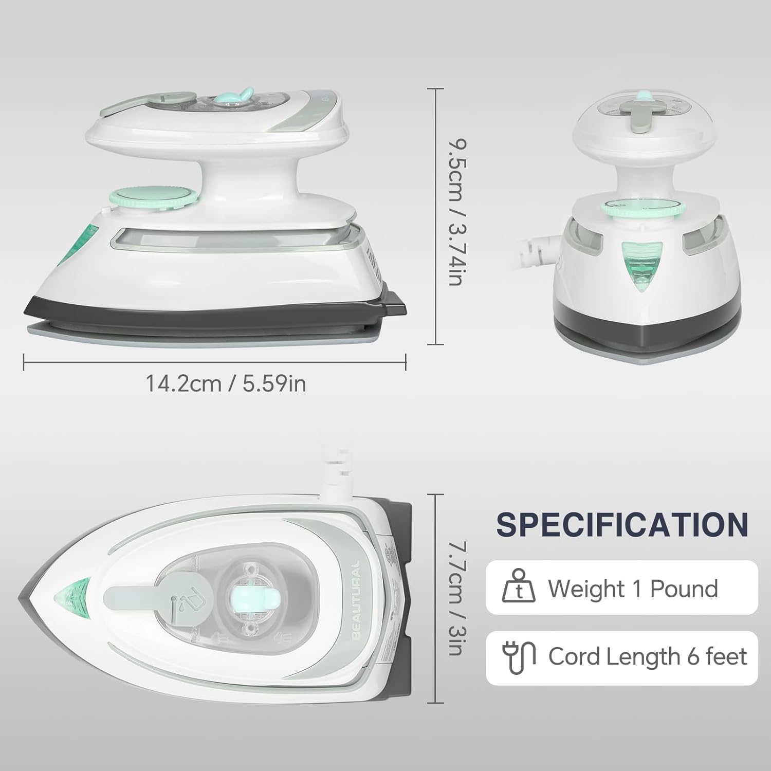 BEAUTURAL Mini plancha de vapor de viaje para ropa con doble voltaje, control de temperatura, suela antiadherente y almacenamiento de cables, ideal para costura, acolchado y manualidades