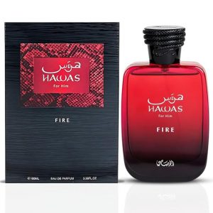 RASASI Hawas Fire Eau De Parfum Spray 100 ml (3.4 oz) - Perfume árabe audaz y duradero para hombres con una esencia ardiente - Disfruta de un perfume lujoso para hombres que captura la elegancia y la