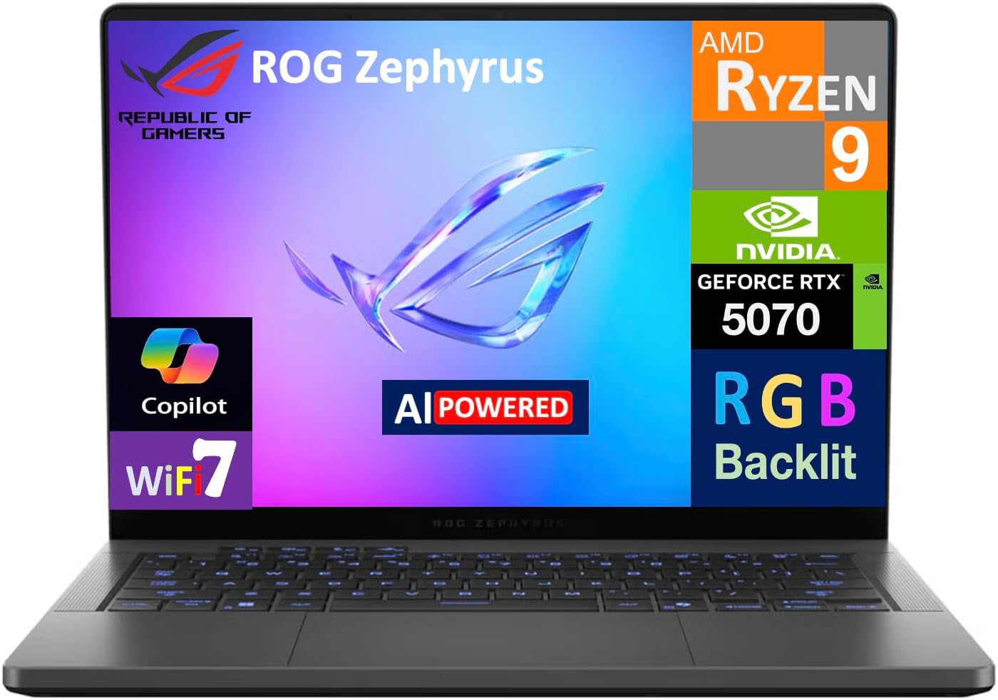 ASUS ROG Zephyrus G14 AI Laptop para juegos de 14.0" con pantalla de 120Hz (AMD Ryzen 9 270, GeForce RTX 5070 8GB, 32GB LPDDR5X, SSD PCIe de 1TB, teclado RGB, WiFi 7, cámara web, Win 11 Pro) con