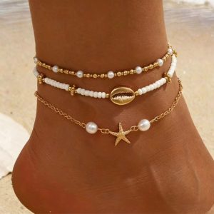 Tobilleras de conchas marinas para mujer, pulseras de estrellas de mar, bohemias, con capas de concha de puka, pulseras hawaianas de verano, playa, cadena de pie