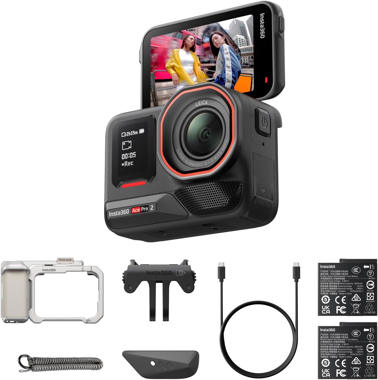 Insta360 Ace Pro 2 Xplorer Bundle de batería dual - Cámara de acción impermeable de 8K co-diseñada con Leica, sensor de 1/1.3", chip AI dual, líder en poca luz, audio superior, pantalla abatible y