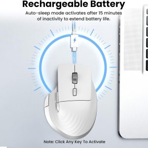 Wireless Bluetooth Mouse, Ergonomic Rechargeable Silent Mouse with Multi-Device, Adjustable DPI, Flying Scroll & Thumb Wheel, Bluetooth Mice for Laptop, Computer, Tablet, Smartphone (White)