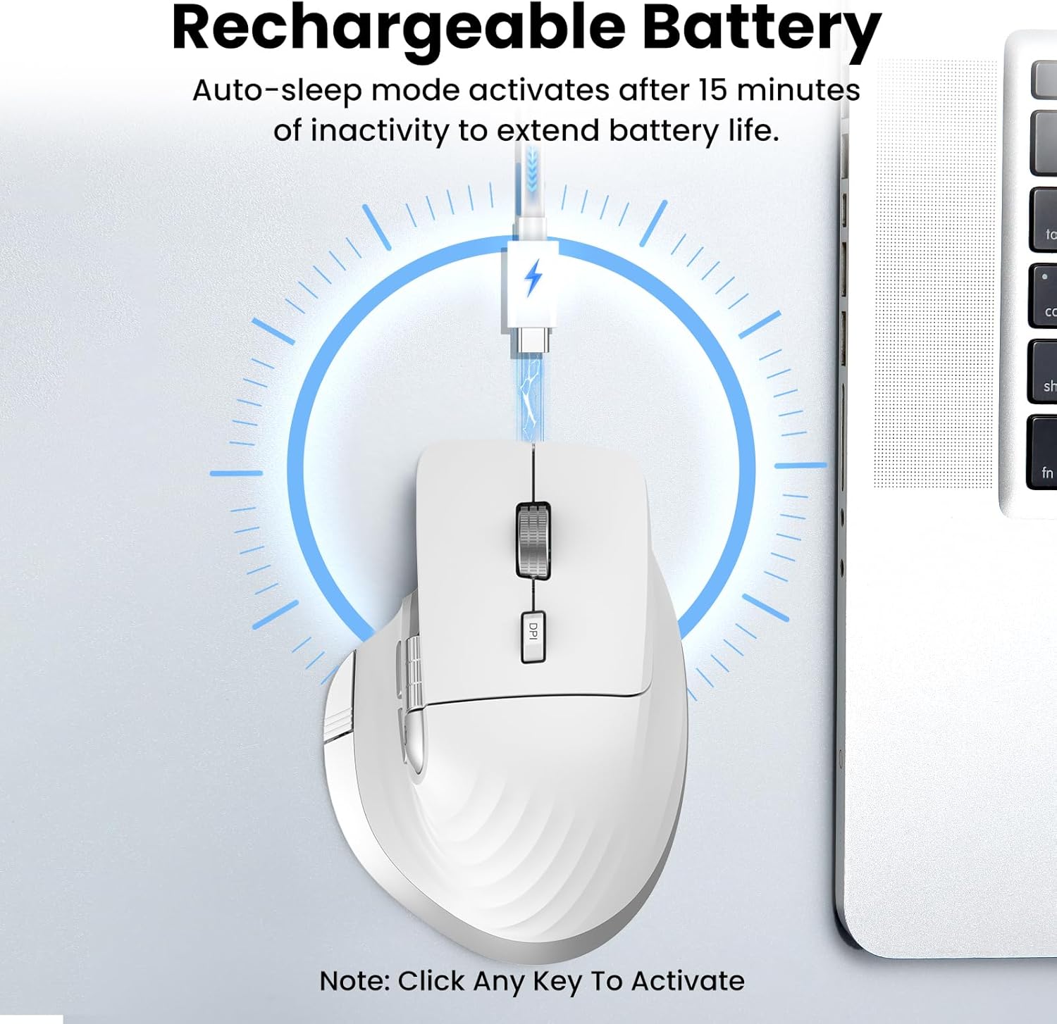 Wireless Bluetooth Mouse, Ergonomic Rechargeable Silent Mouse with Multi-Device, Adjustable DPI, Flying Scroll & Thumb Wheel, Bluetooth Mice for Laptop, Computer, Tablet, Smartphone (White)