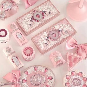 Flower Knows Cake Charm Set,Strawberry Cupid 12-Piece Makeup Gift Box Set,Lip Cream+Liquid Blush+Makeup Palette+Hand Mirror+Solid Perfume+Hair Clip+Cushion Powder Puff+Eyeshadow Brush+Gift Box