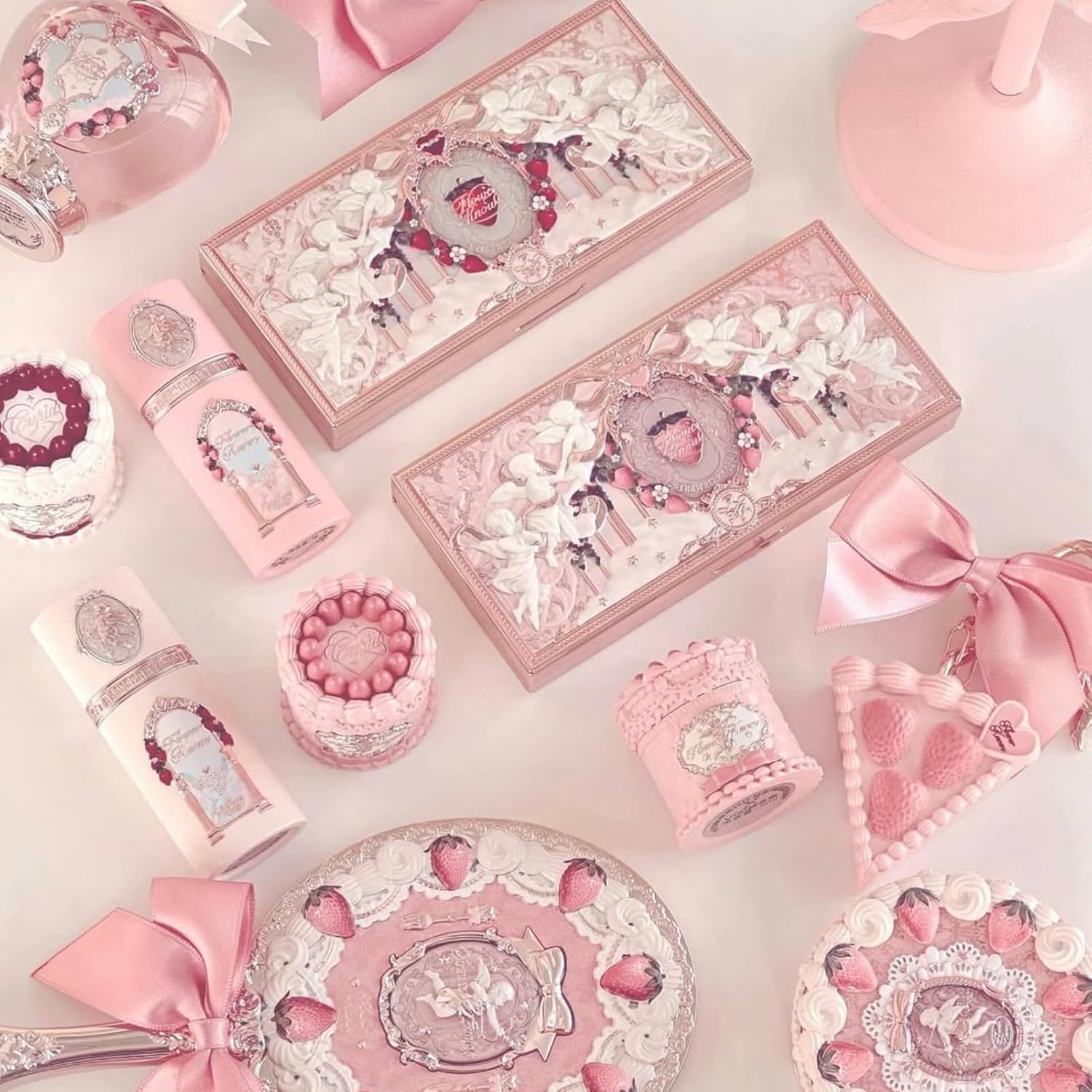Flower Knows Cake Charm Set,Strawberry Cupid 12-Piece Makeup Gift Box Set,Lip Cream+Liquid Blush+Makeup Palette+Hand Mirror+Solid Perfume+Hair Clip+Cushion Powder Puff+Eyeshadow Brush+Gift Box