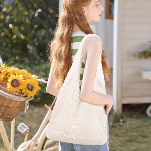 COOKOOKY Bolsa de playa de ganchillo para mujer, bolsa de playa de verano para mujer, bolsa de malla estética, bolsa de tela hippie, bolsa de punto