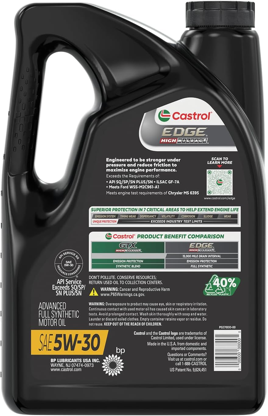 Castrol EDGE High Mileage 5W-30 Aceite de motor sintético avanzado completo, 5 cuartos de galón
