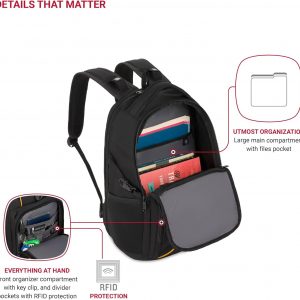 SwissGear 1900 Mini ScanSmart 16-Inch Backpack, Fits Up to 13-Inch Laptop, RFID Protection & ScanSmart TSA-Friendly Compartment, Black/Yellow