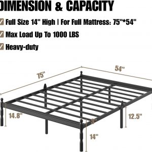 14 Inch Full Size Bed Frame with 2 Pcs Mattress Slide Stopper, Platform Bed Frame Full Metal, No Box Spring Needed, Easy Assembly, Heavy Duty, Noise Free, Non-Slip
