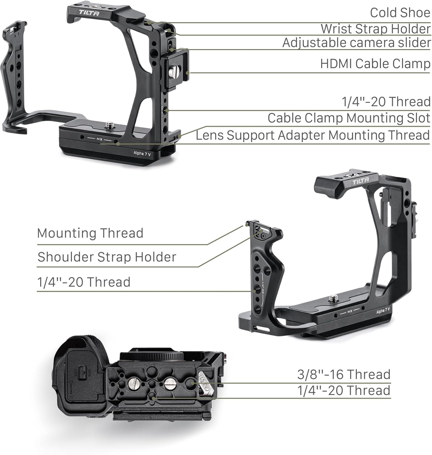 Tilta Kit Pro de jaula para cámara Alpha 7V, A7V, A7IV, A7R V | Mango superior Xeno | Mango lateral ajustable | Abrazadera de cable HDMI | Placa base Arca-Swiss | Soporte de varilla LWS de 0.591 in |
