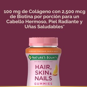Nature's Bounty Soluciones Óptimas para Cabello, Piel y Uñas con Biotina y Colágeno, Gomitas con Sabor Cítrico, Suplemento Vitamínico, 2500 mcg, 80 Ct, 40 Porciones Totales