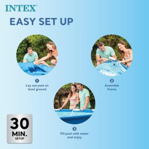 Intex 9.8' x 79" x 29.5" Piscina rectangular con marco elevado para patio trasero al aire libre con válvula de control de flujo para drenaje rápido, azul