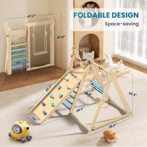 BlueWood 4 in 1 Indoor Jungle Gym, Foldable Wooden Climbing Set with Swing, Slide, Ladder and Climbing Wall, Montessori Philosophy Climber Playset for Kids Aged 2+ (Sky Blue)