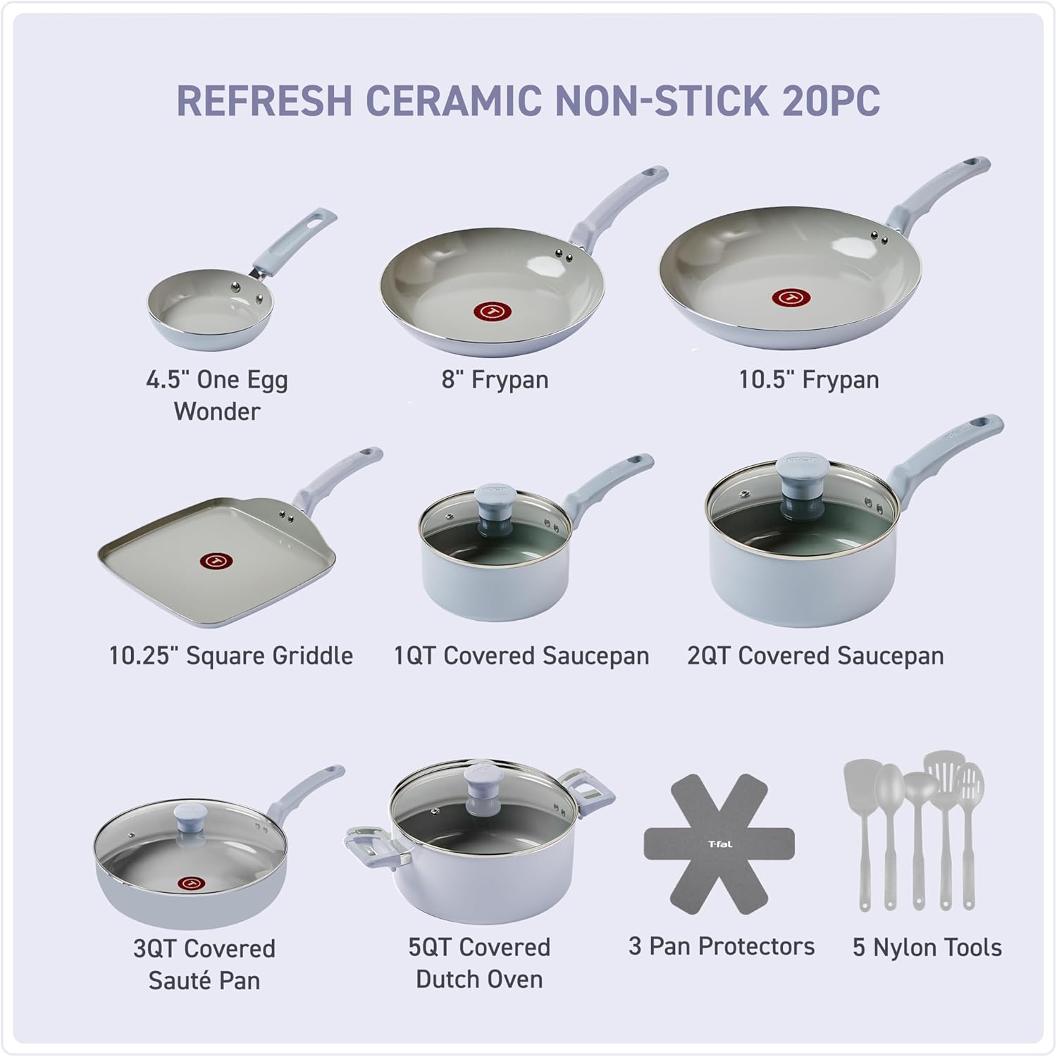 T-fal Refresh Ceramic, juego de utensilios de cocina antiadherentes de cerámica, 20 piezas, apto para horno 350F, juego de cocina con bandeja para huevos, sartenes, cacerolas, plancha, horno holandés,