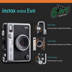 Fujifilm Instax Mini EVO Hybrid Instant Camera (Black) Bundle with Instax-Mini Twin Pack Instant-Film 20 Sheets + 32GB Memory Card + Vintage Black Mini-Evo Camera Case + Cleaning Cloth