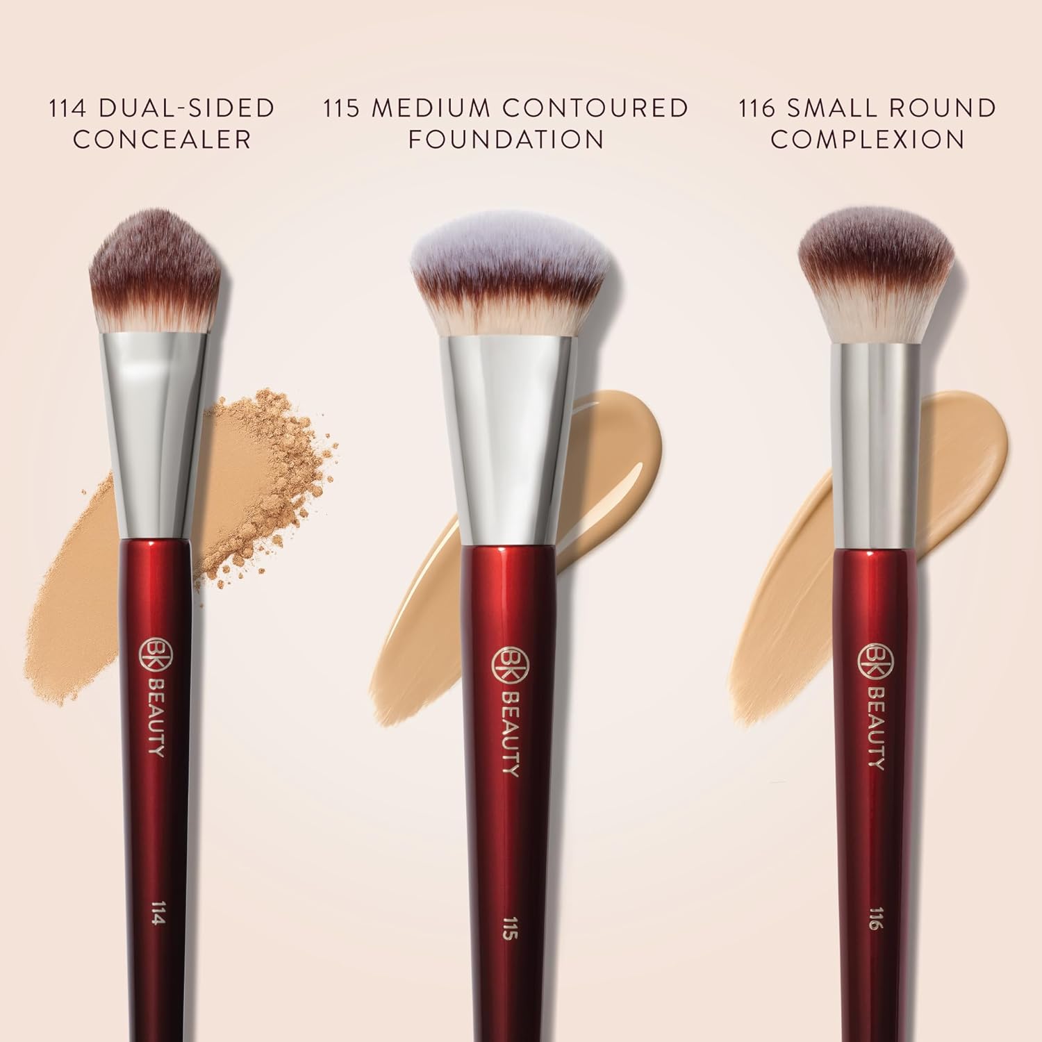 BK Beauty Core Complexion Trio Juego de brochas de maquillaje (3 piezas) – brochas para base, corrector y mezcla para líquido, crema y polvo – brochas de maquillaje para la cara ultra suaves, veganas
