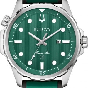 Bulova Reloj de Cuarzo para Hombre Marine Star de Acero Inoxidable Plateado, Correa de Cuero y Silicona, Resistente al Agua 100M, 43mm