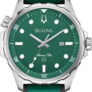 Bulova Reloj de Cuarzo para Hombre Marine Star de Acero Inoxidable Plateado, Correa de Cuero y Silicona, Resistente al Agua 100M, 43mm