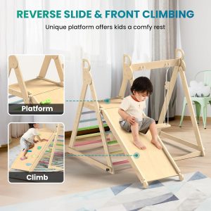 BlueWood 4 in 1 Indoor Jungle Gym, Foldable Wooden Climbing Set with Swing, Slide, Ladder and Climbing Wall, Montessori Philosophy Climber Playset for Kids Aged 2+ (Rainbow)