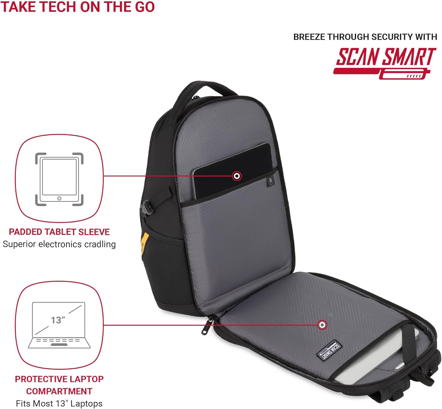 SwissGear 1900 Mini ScanSmart 16-Inch Backpack, Fits Up to 13-Inch Laptop, RFID Protection & ScanSmart TSA-Friendly Compartment, Black/Yellow
