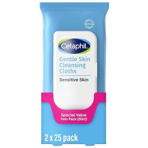 Cetaphil Toallitas faciales y corporales, paños de limpieza suaves para la piel, 50 unidades, paquete doble, para piel seca y sensible, cierre abatible, ideal para el gimnasio, viajes, en el automóvil