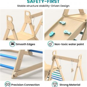 BlueWood 4 in 1 Indoor Jungle Gym, Foldable Wooden Climbing Set with Swing, Slide, Ladder and Climbing Wall, Montessori Philosophy Climber Playset for Kids Aged 2+ (Sky Blue)