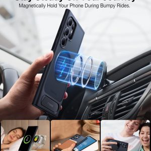 TORRAS Fuerte soporte magnético y sin costuras para Samsung Galaxy S24 Ultra, apto para MagSafe, protección contra caídas de grado mil, soporte para Samsung Galaxy S24 Ultra, parte trasera translúcida/borde negro
