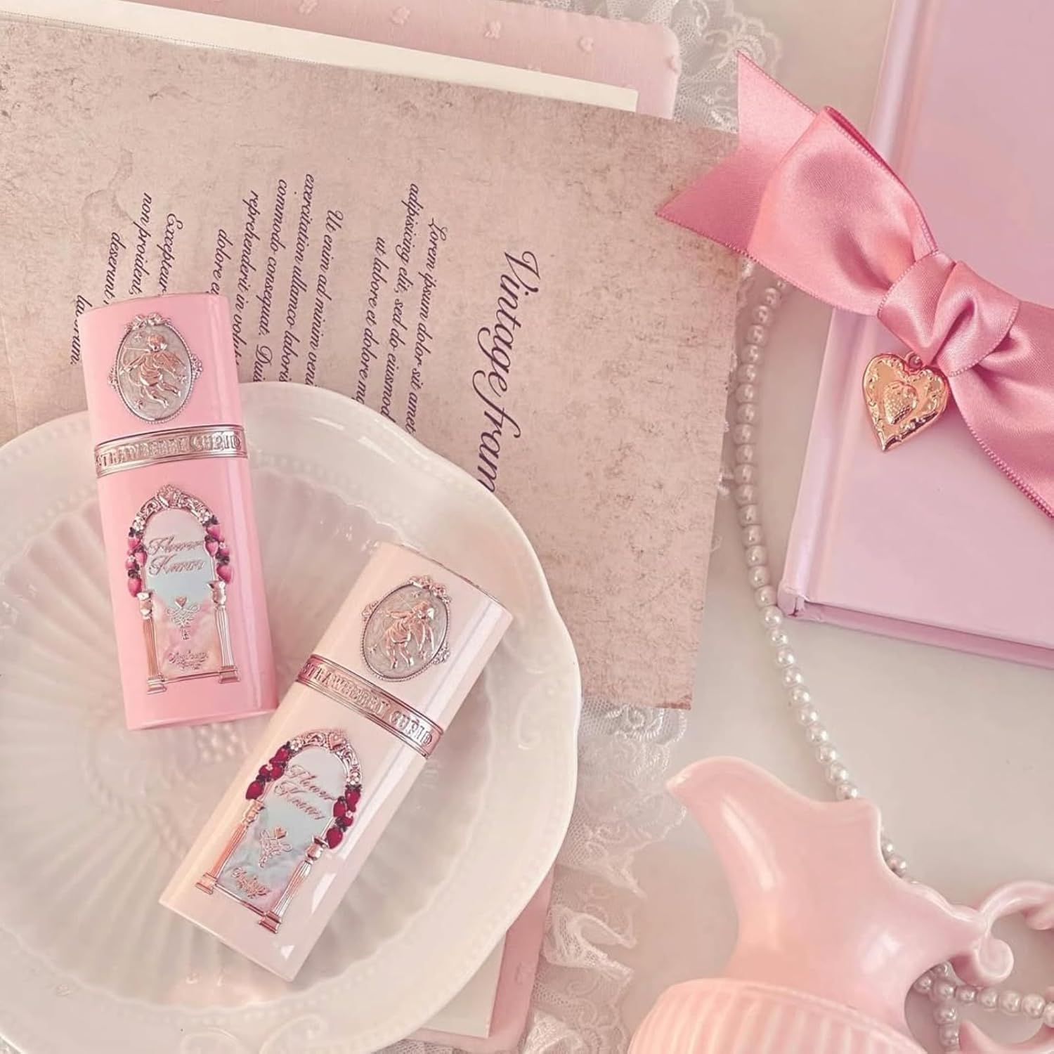 Flower Knows Cake Charm Set,Strawberry Cupid 12-Piece Makeup Gift Box Set,Lip Cream+Liquid Blush+Makeup Palette+Hand Mirror+Solid Perfume+Hair Clip+Cushion Powder Puff+Eyeshadow Brush+Gift Box
