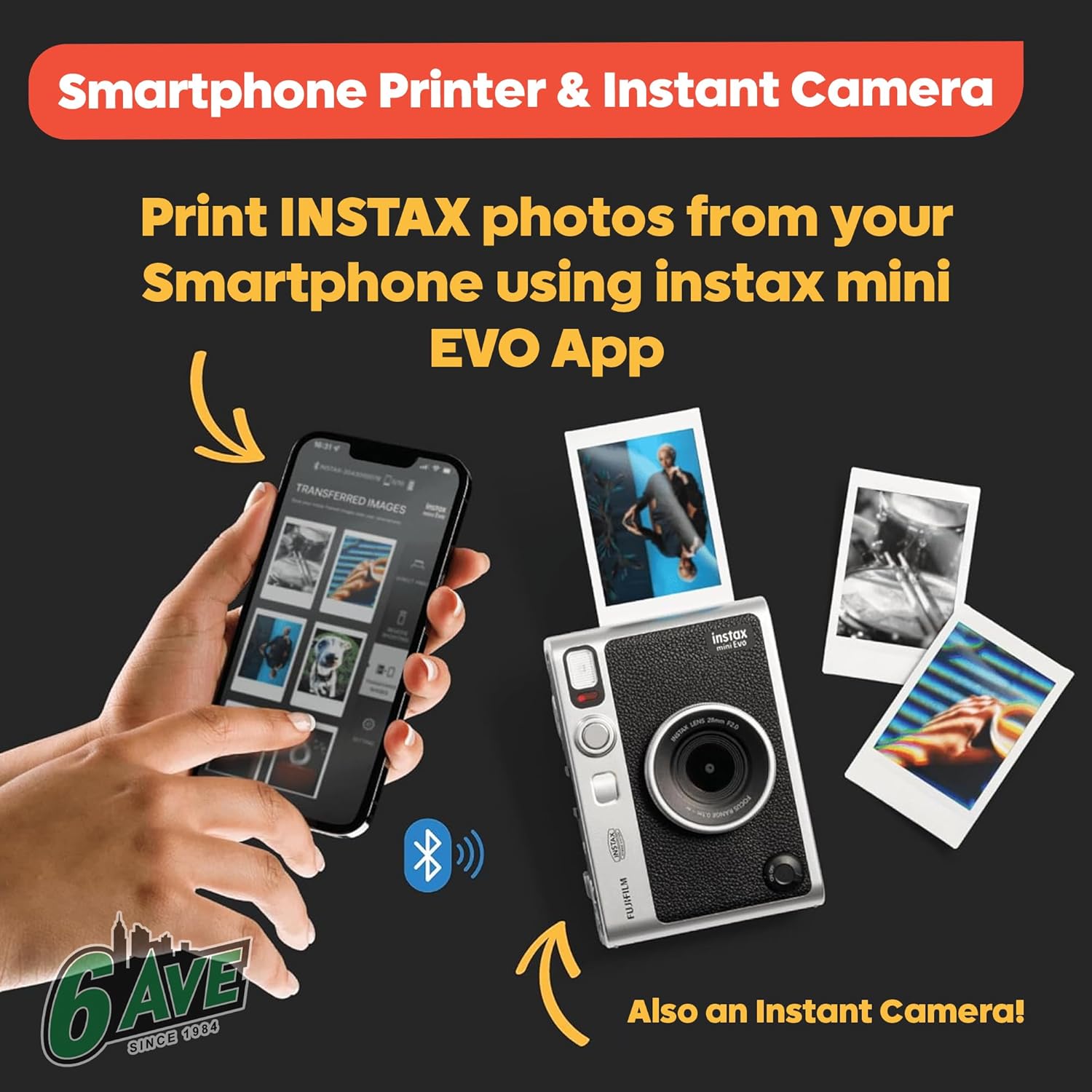 Fujifilm Instax Mini EVO Hybrid Instant Camera (Black) Bundle with Instax-Mini Twin Pack Instant-Film 20 Sheets + 32GB Memory Card + Vintage Black Mini-Evo Camera Case + Cleaning Cloth
