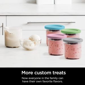 Ninja Creami Pintas Paquete de 4, Compatible con Máquinas de Helado Creami Serie NC299AMZ y NC300s, Pinta Ninja Genuina, Libre de BPA y Apto para Lavavajillas, Tapas de Colores, Transparente/Gris/Lima