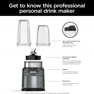 Ninja BN400 Nutri Pro Compact Personal Blender, Auto-iQ Technology, 1000-Watts, for Frozen Drinks, Smoothies, Sauces & More, with 18-oz. & 24-oz. To-Go Cups & Spout Lids, Stone Silver (Renewed)