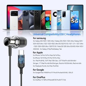 Auriculares USB C para Samsung S25 S24 S23 Ultra FE S22 A55 A54 Auriculares con Cable Magnéticos Intrauditivos Tipo C con Micrófono Control de Volumen Auriculares Estéreo con Cancelación de Ruido para