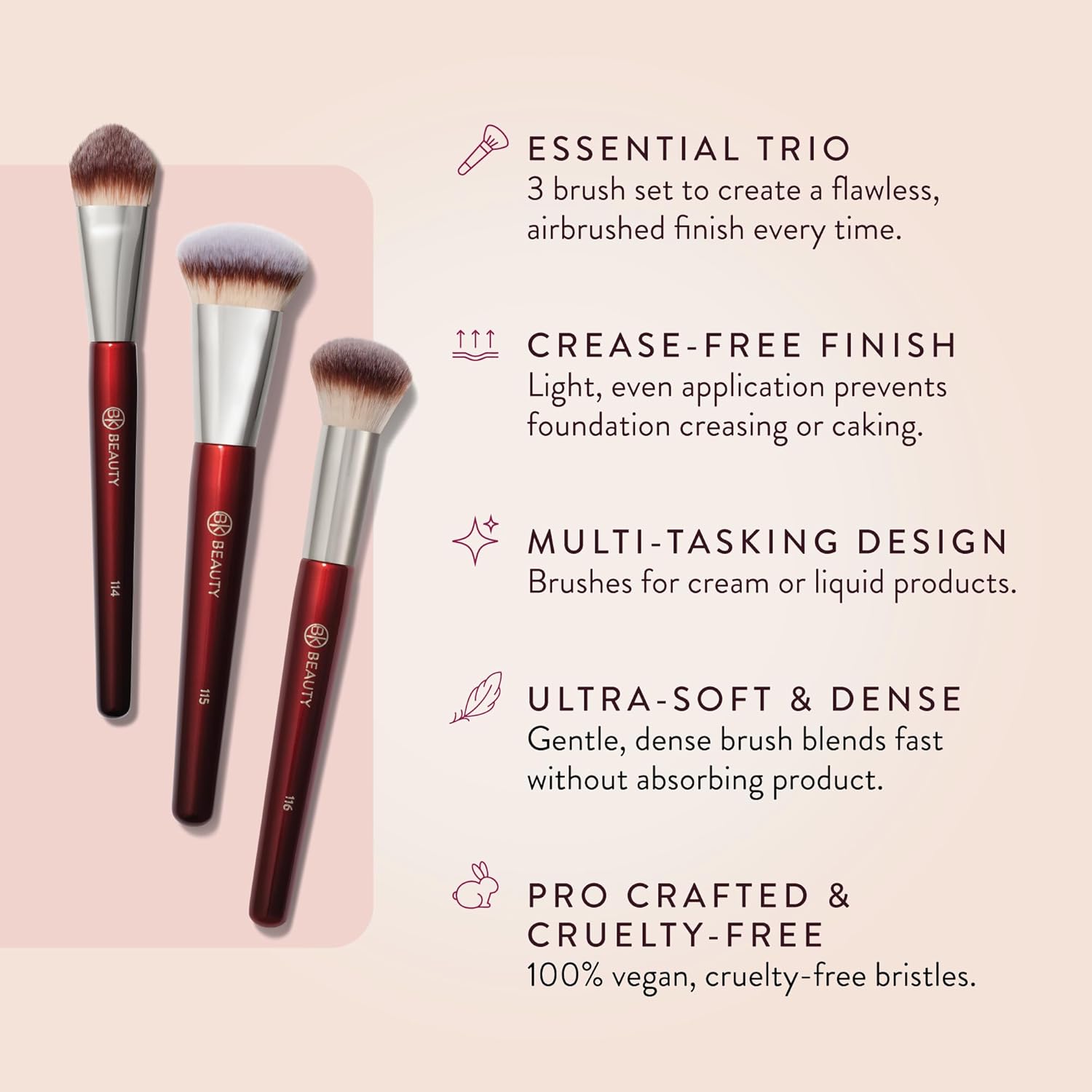 BK Beauty Core Complexion Trio Juego de brochas de maquillaje (3 piezas) – brochas para base, corrector y mezcla para líquido, crema y polvo – brochas de maquillaje para la cara ultra suaves, veganas