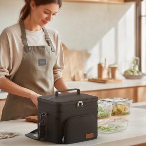 HOTOR Insulated Lunch Box for Men & Women - Leak-Proof Cooler Lunch Bag with 4 Pockets, Adjustable Strap, Ideal for Work, Picnic, Travel - Medium, Black, 10.2"×6.9"×8.5"