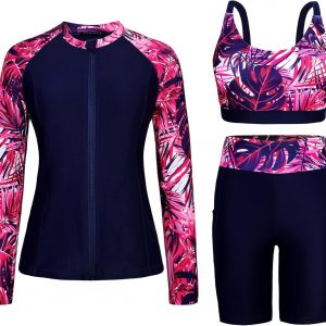 Arolina Camisetas de natación de manga larga para mujer con protección contra erupciones, traje de baño 2026 con pantalones cortos de natación para mujer y dos bolsillos