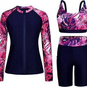 Arolina Camisetas de natación de manga larga para mujer con protección contra erupciones, traje de baño 2026 con pantalones cortos de natación para mujer y dos bolsillos