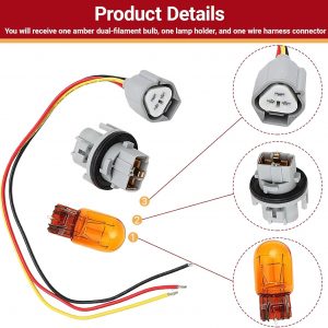 Juego de arnés de cableado de bombilla de señal de giro, bombilla de iluminación de automóvil, bombilla de filamento dual ámbar y reemplazo de soporte para 26243-5HA0A, compatible con Nissan