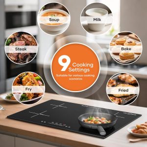 Placa de inducción empotrada de 30 pulgadas con 4 quemadores de 6600 W, estufa eléctrica de encimera con control táctil, 9 niveles de potencia, temporizador y bloqueo para niños