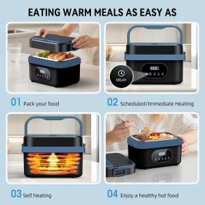 Cordless Electric Lunch Box for Adults, 18000mAh Rechargeable Portable Self-Heating Lunch Box Food Warmer, 1.5L(6 Cups) Container for Outdoor, Work, Office, Camping, Travel（Blcak＆Blue）
