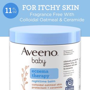 Aveeno Baby Eczema Therapy Nighttime Body Balm, Moisturizing Eczema Treatment, Ceramides, Triple Oat Complex, Soothes Dry, Itchy Skin, Hypoallergenic, Fragrance & Steroid Free, 11oz