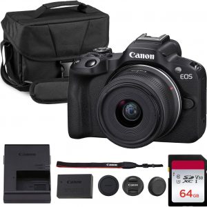 Canon EOS R50 Mirrorless Camera Kit – APS-C RF Camera with 18-45mm Lens, 4K Video, Dual Pixel AF II & Vari-Angle Touchscreen (5811C012) + Shoulder Bag + 64GB Memory Card