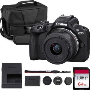 Canon EOS R50 Mirrorless Camera Kit – APS-C RF Camera with 18-45mm Lens, 4K Video, Dual Pixel AF II & Vari-Angle Touchscreen (5811C012) + Shoulder Bag + 64GB Memory Card