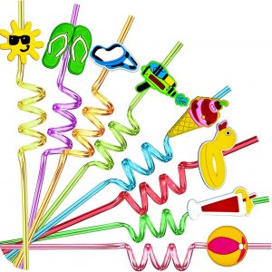 24-Piece Beach Theme Reusable Shape Straws - 8 Color Set with 2 Cleaning Brushes - Perfect for Summer Parties & Birthdays