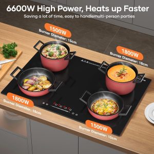 Placa de inducción empotrada de 30 pulgadas con 4 quemadores de 6600 W, estufa eléctrica de encimera con control táctil, 9 niveles de potencia, temporizador y bloqueo para niños